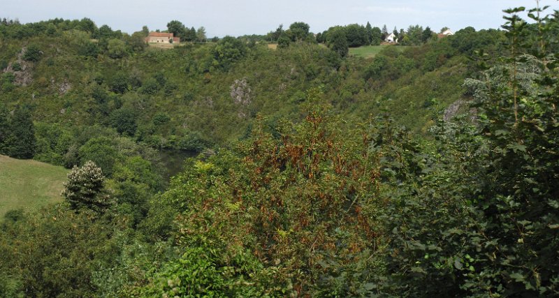 creuse_la boucle du pin.jpg - Uitzicht op de Creuse vanaf La boucle du pin. Tenminste, als je goed kijkt, want door de dichte begroeiing is er weinig van de rivier te zien. Vinden we wel jammer, want we hebben een paar pittige klimmetjes gehad om hier te komen.